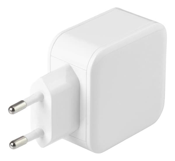 DELTACO USB-seinälaturi, 2x USB-A, 4,8A, 24W, valkoinen
