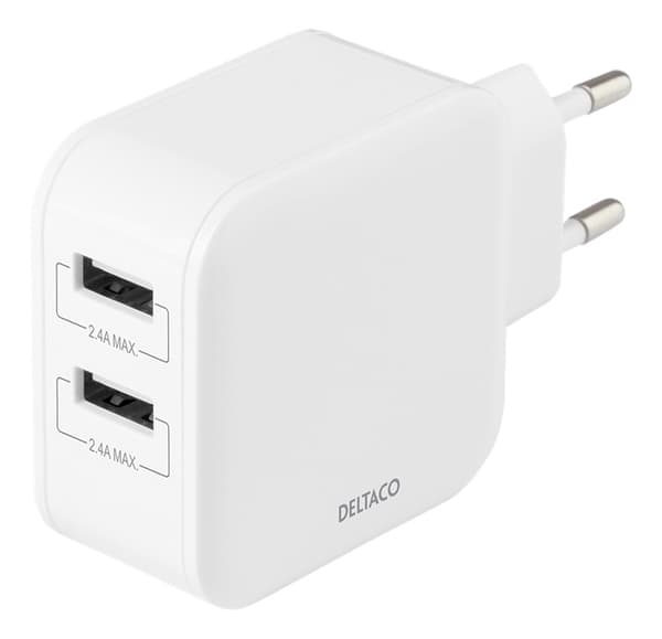 DELTACO USB-seinälaturi, 2x USB-A, 4,8A, 24W, valkoinen