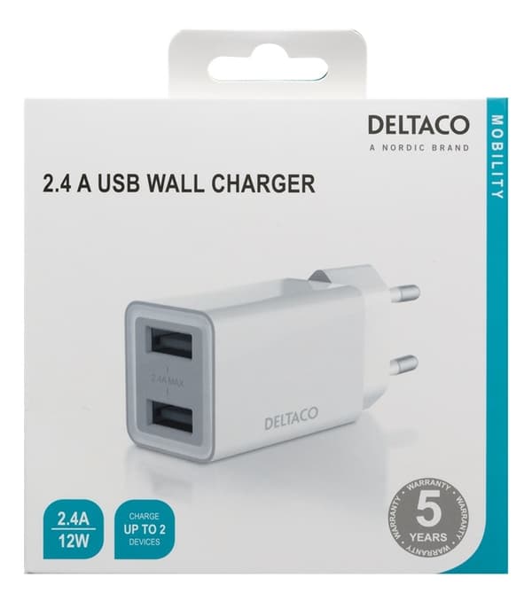DELTACO USB-vegglader, 2x USB-A, 2,4 A, totalt 12 W, hvit