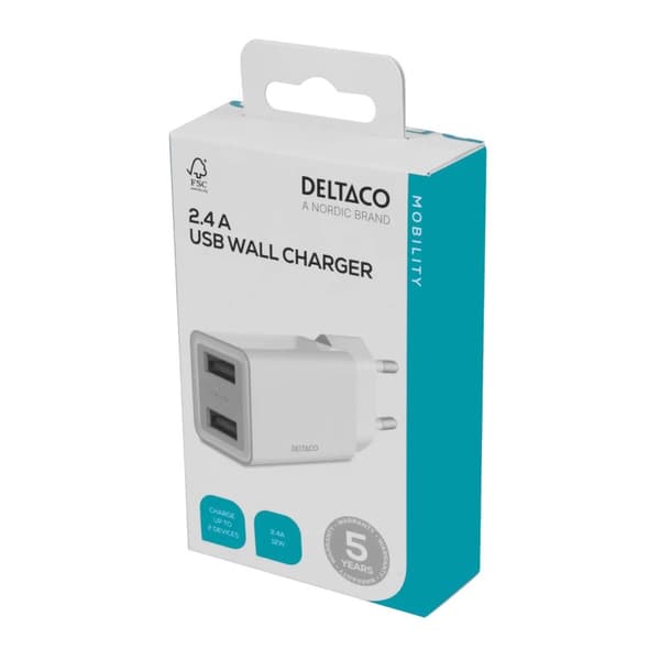 DELTACO USB-vegglader, 2x USB-A, 2,4 A, totalt 12 W, hvit