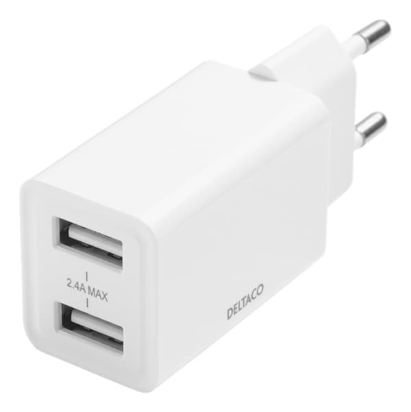 DELTACO USB-vegglader, 2x USB-A, 2,4 A, totalt 12 W, hvit Hvit