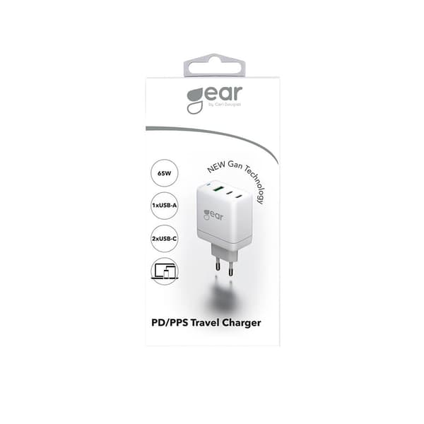 GEAR Charger GAN 220V 2xUSB-C + 1xUSB-A PD 45W + 18W + 5A (tot. 65W) Vit