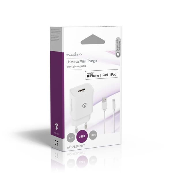 Nedis Seinälaturi | 12 W | Pikalataus-toiminto | 1x 2.4 A A | Lähtöliitäntöjen määrä: 1 | USB-A | Lightning 8-Pin (irrallinen) Kaapeli | 1.00 m | Sing