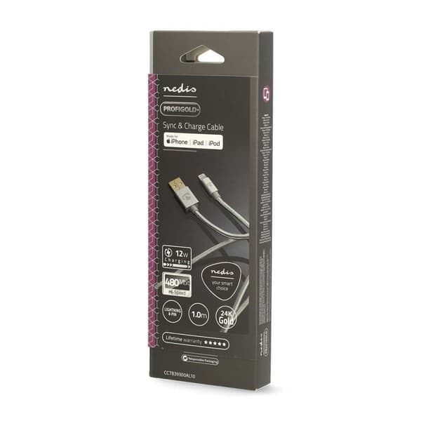 Nedis Lightning Kabel | USB 2.0 | Apple Lightning, 8-stifts | USB-A Hane | 480 Mbps | Guldplaterad | 1.00 m | Rund | Flätad / Nylon | Aluminium | Kart