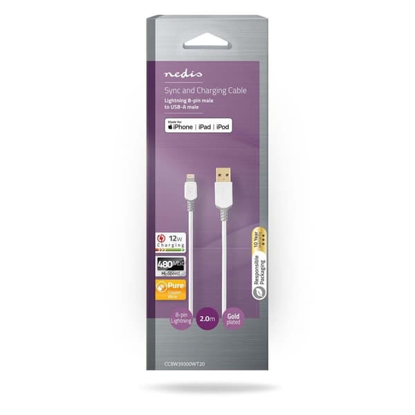 Nedis Lightning Kabel | USB 2.0 | Apple Lightning 8-pin | USB-A Han | 480 Mbps | Guldplateret | 2.00 m | Runde | PVC | Grå / Hvid | Box