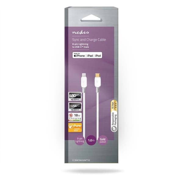Nedis Lightning Kabel | USB 2.0 | Apple Lightning, 8-stifts | USB-C™ Hane | 480 Mbps | Guldplaterad | 1.00 m | Rund | PVC | Vit | Låda