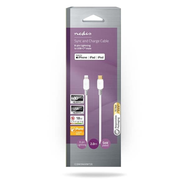 Nedis Lightning Kabel | USB 2.0 | Apple Lightning 8-Pinners | USB-C™ Hann | 480 Mbps | Gull belagt | 2.00 m | Rund | PVC | Hvit | Vindus boks