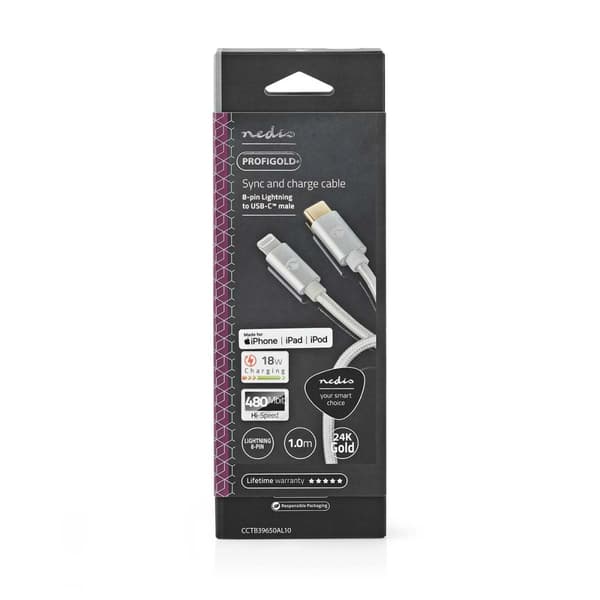 Nedis Lightning Kabel | USB 2.0 | Apple Lightning 8-Pinners | USB-C™ Hann | 480 Mbps | Gull belagt | 1.00 m | Rund | Flettet / Nylon | Aluminium / Søl