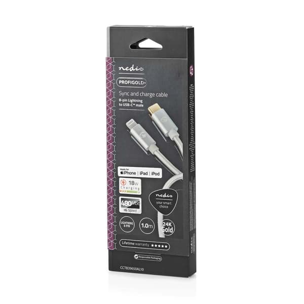 Nedis Lightning Kabel | USB 2.0 | Apple Lightning 8-Pinners | USB-C™ Hann | 480 Mbps | Gull belagt | 1.00 m | Rund | Flettet / Nylon | Aluminium / Søl