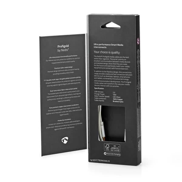 Nedis Lightning Kabel | USB 2.0 | Apple Lightning 8-Pinners | USB-C™ Hann | 480 Mbps | Gull belagt | 1.00 m | Rund | Flettet / Nylon | Aluminium / Søl