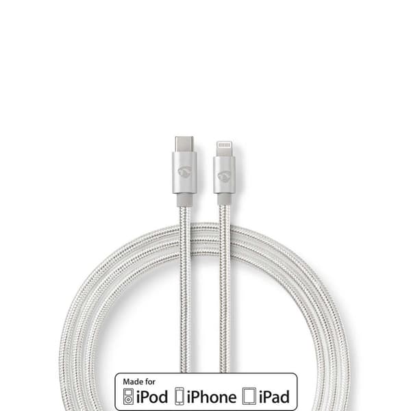 Nedis Lightning Kabel | USB 2.0 | Apple Lightning 8-Pinners | USB-C™ Hann | 480 Mbps | Gull belagt | 1.00 m | Rund | Flettet / Nylon | Aluminium / Søl