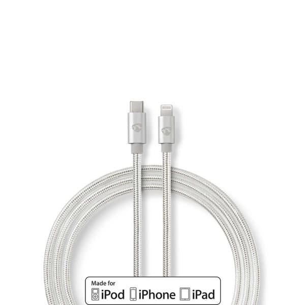 Nedis Lightning Kabel | USB 2.0 | Apple Lightning 8-Pinners | USB-C™ Hann | 480 Mbps | Gull belagt | 1.00 m | Rund | Flettet / Nylon | Aluminium / Søl