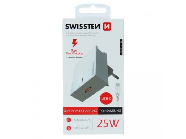 Swissten strømadapter kompatibel med Samsung Quick Charge 25W USB-C, hvid