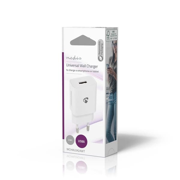 Nedis Vægoplader | 12 W | Hurtigopladningsfunktion | 1x 2.4 A A | Antal output: 1 | USB-A | Uden Kabel | Single Voltage Output | Hvid