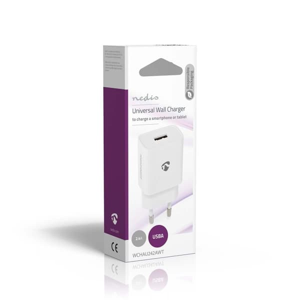 Nedis Vægoplader | 12 W | Hurtigopladningsfunktion | 1x 2.4 A A | Antal output: 1 | USB-A | Uden Kabel | Single Voltage Output | Hvid