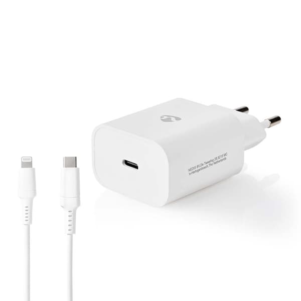 Nedis vegg lader | 20 W | PD3.0 20W | Hurtigladefunksjon | 1.67 A / 2.22 A / 3.0 A | Antall utganger: 1 | USB-C™ | Lightning 8-Pin (Løs) Kabel | 1.00
