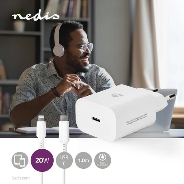 Nedis vegg lader | 20 W | PD3.0 20W | Hurtigladefunksjon | 1.67 A / 2.22 A / 3.0 A | Antall utganger: 1 | USB-C™ | Lightning 8-Pin (Løs) Kabel | 1.00