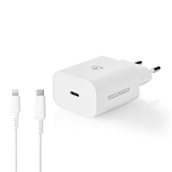 Nedis vegg lader | 20 W | PD3.0 20W | Hurtigladefunksjon | 1.67 A / 2.22 A / 3.0 A | Antall utganger: 1 | USB-C™ | Lightning 8-Pin (Løs) Kabel | 1.00 Hvit