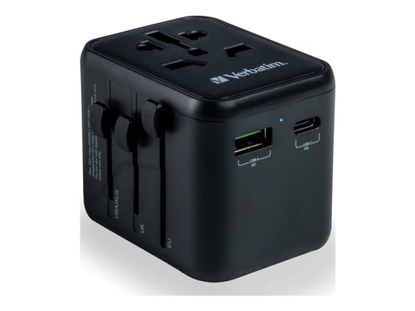Verbatim Universal Travel Adapter UTA-02, jossa 1xUSB-A, 1xUSB-C vähittäismyyntipakkaus
