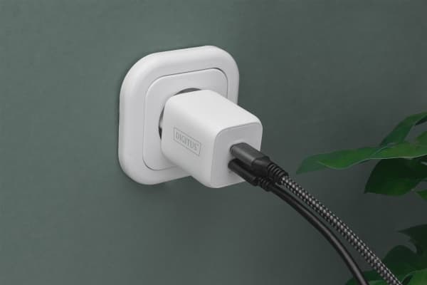 Digitus - Strømadapter - GaN - 65 watt - 3.25 A - PD 3.0 - 2 utgangskontakter (24 pin USB-C) - på kabel: USB-C - hvit