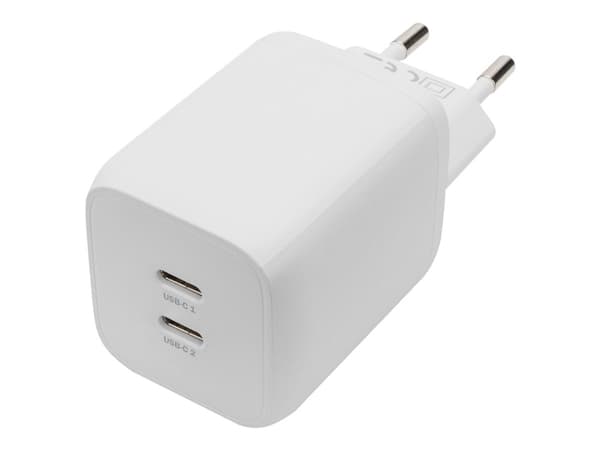 Digitus - Strømadapter - GaN - 65 watt - 3.25 A - PD 3.0 - 2 utgangskontakter (24 pin USB-C) - på kabel: USB-C - hvit Hvit
