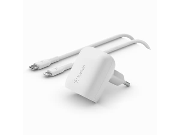 Belkin BoostCharge - Strömadapter - 20 Watt - Fast Charge, Strömmatning 3.1 (24 pin USB-C) - på kabel: Lightning - vit