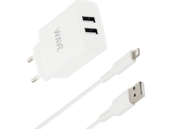 Wave verkkolaturi 2 x USB + Lightning-kaapeli, 17W, valkoinen