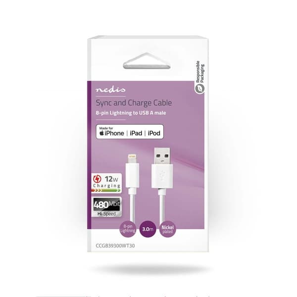 Nedis Lightning Kabel | USB 2.0 | Apple Lightning 8-pin | USB-A Han | 480 Mbps | Nikkelplateret | 3.00 m | Runde | PVC | Hvid | Box