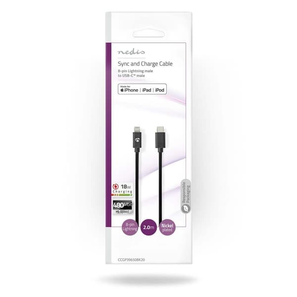 Nedis Lightning Kaapeli | USB 2.0 | Apple Lightning 8-Pin | USB-C™ Uros | 480 Mbps | Niklattu | 2.00 m | Pyöreä | PVC | Musta | Kirjekuori