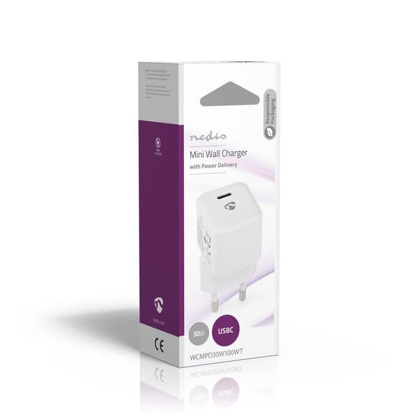 Nedis vegg lader | 30 W | PD3.0 30W | Hurtigladefunksjon | 1.5 / 2.0 / 2.5 / 3.0 A | Antall utganger: 1 | USB-C™ | Automatisk Spenning Utvalg | Hvit