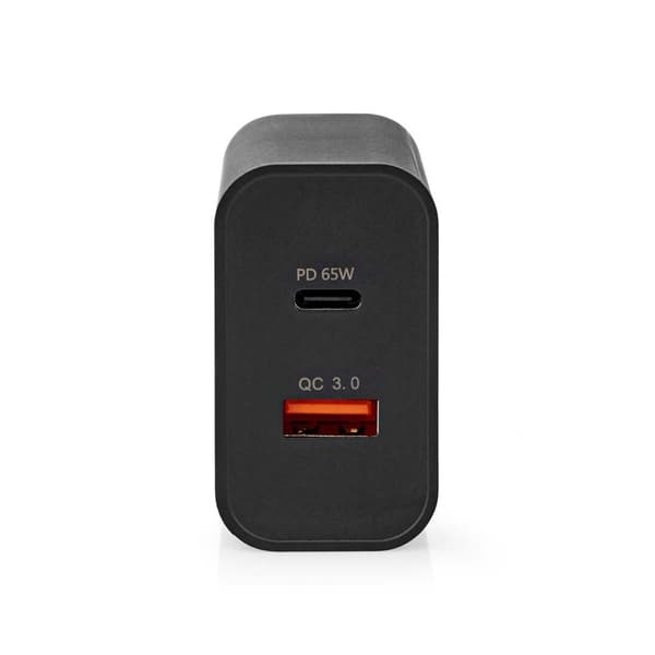 Nedis vegg lader | 65 W | Hurtigladefunksjon | 2.0 / 2.25 A / 3.25 A A | Antall utganger: 2 | USB-A / USB-C™ | Automatisk Spenning Utvalg | Sort