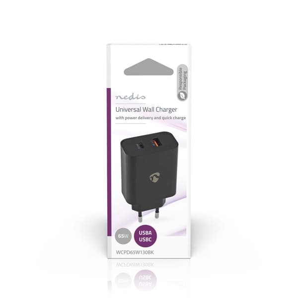 Nedis vegg lader | 65 W | Hurtigladefunksjon | 2.0 / 2.25 A / 3.25 A A | Antall utganger: 2 | USB-A / USB-C™ | Automatisk Spenning Utvalg | Sort