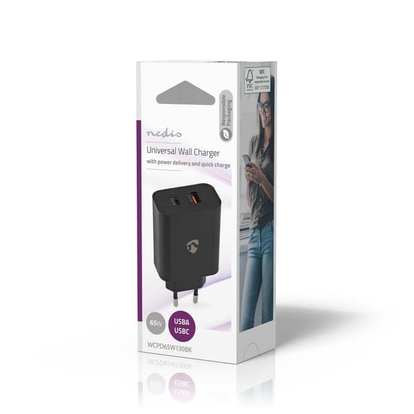 Nedis vegg lader | 65 W | Hurtigladefunksjon | 2.0 / 2.25 A / 3.25 A A | Antall utganger: 2 | USB-A / USB-C™ | Automatisk Spenning Utvalg | Sort