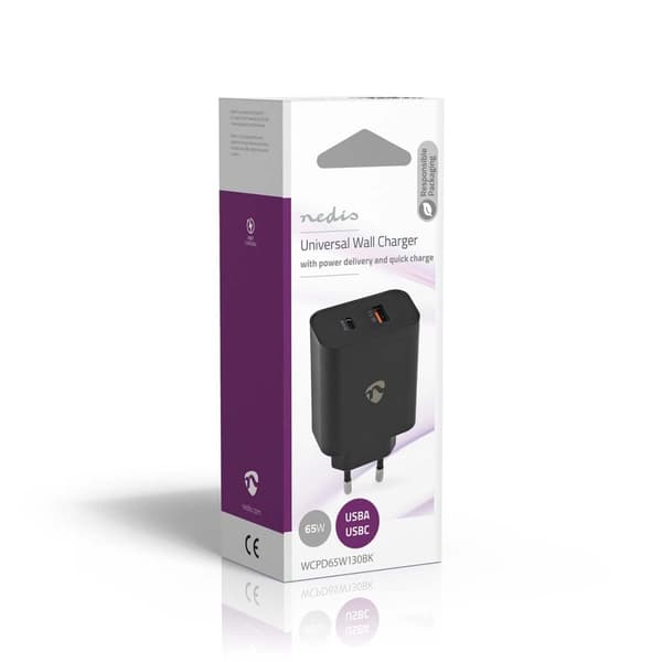Nedis vegg lader | 65 W | Hurtigladefunksjon | 2.0 / 2.25 A / 3.25 A A | Antall utganger: 2 | USB-A / USB-C™ | Automatisk Spenning Utvalg | Sort