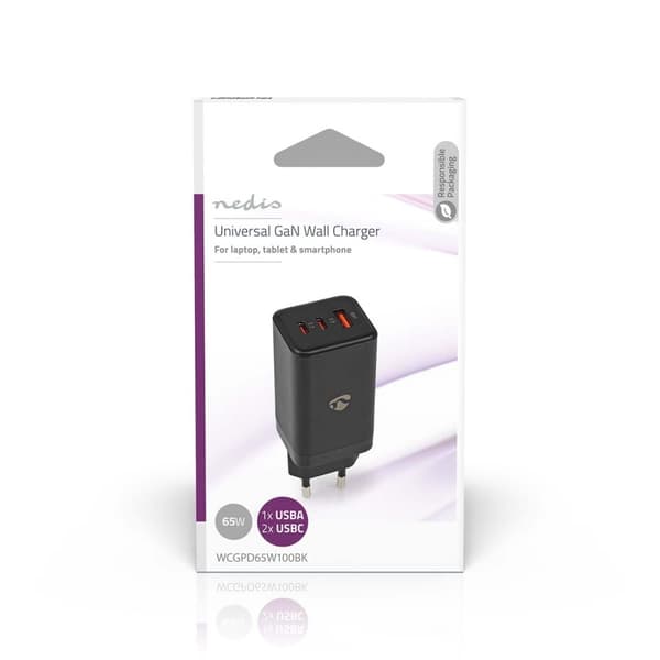 Nedis Vægoplader | 65 W | GaN | PD3.0 18W / PD3.0 20W / PD3.0 27W / PD3.0 36W / PD3.0 45W / PD3.0 60W / PD3.0 65W / QC3.0 | Hurtigopladningsfunktion |