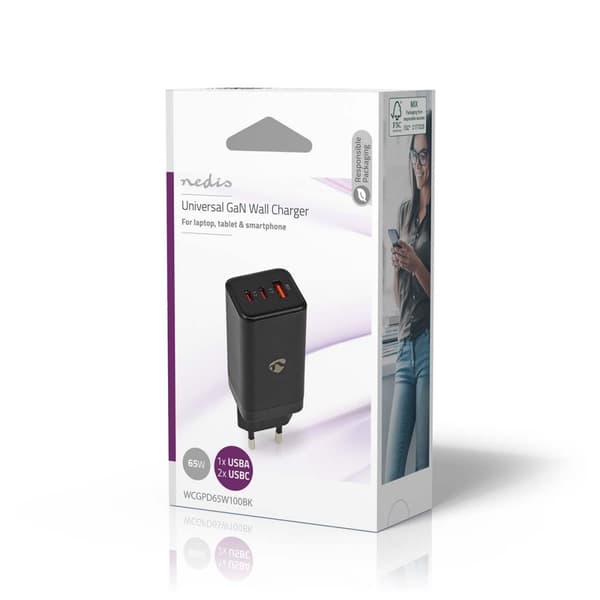 Nedis Vægoplader | 65 W | GaN | PD3.0 18W / PD3.0 20W / PD3.0 27W / PD3.0 36W / PD3.0 45W / PD3.0 60W / PD3.0 65W / QC3.0 | Hurtigopladningsfunktion |