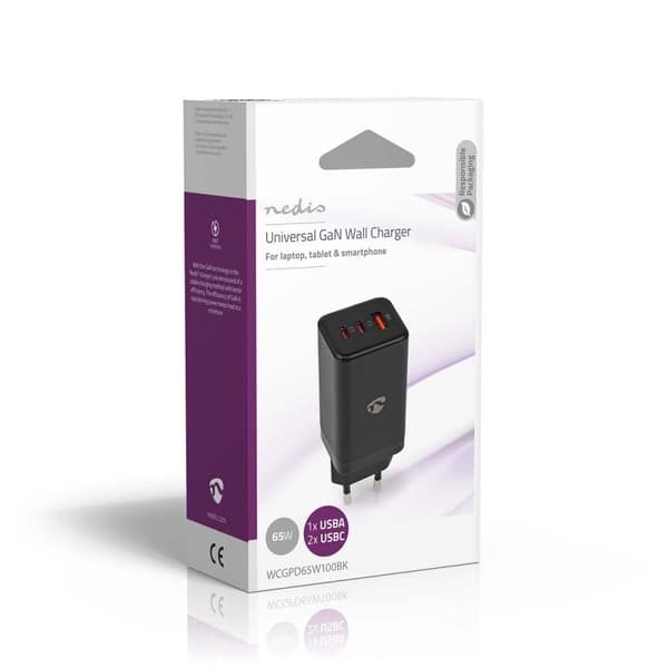 Nedis Vægoplader | 65 W | GaN | PD3.0 18W / PD3.0 20W / PD3.0 27W / PD3.0 36W / PD3.0 45W / PD3.0 60W / PD3.0 65W / QC3.0 | Hurtigopladningsfunktion |
