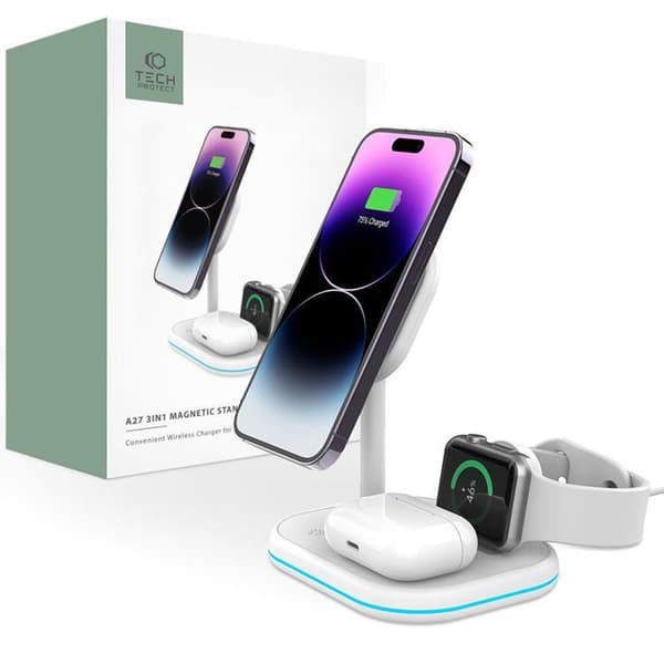 Tech-Protect 3-in-1 Trådlös Laddare Magsafe iPhone, Apple Watch, AirPods - Vit