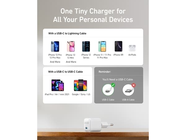 Anker Nano pro series 5 511 - Strømadapter - nano pro - 20 watt - 3 A - IQ 3.0 (24 pin USB-C) - aurorahvit