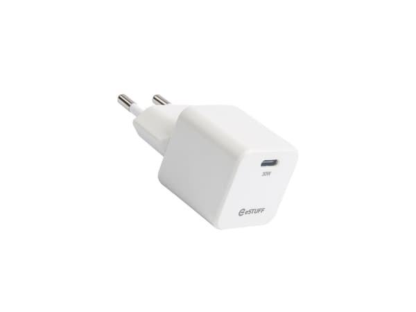 eSTUFF INFINITE - Strømadapter - GaN, 100% recycled plastic - 30 watt - 3 A - PD 3.0, Apple Fast Charge, QC 3.0 (24 pin USB-C) - hvit