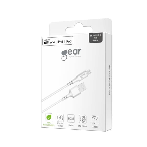 Gear Rund ladekabel Lightning til USB-A 0,3m Hvit MFI