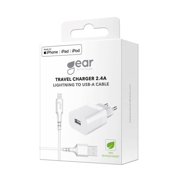 Gear Lader 220V 1xUSB 2,4A Hvid Lightning Kabel 1m MFI C89