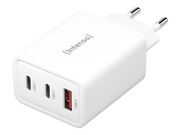 Intenso W65ACC - Strømadapter - GaN - 65 watt - PD 3.0, PD/PPS, QC 4.0 - 3 utgangskontakter (2 x USB-C, USB-type A) - hvit (en pakke 2)