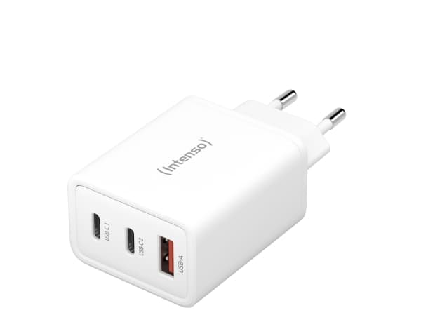 Intenso W65ACC - Strømadapter - GaN - 65 watt - PD 3.0, PD/PPS, QC 4.0 - 3 utgangskontakter (2 x USB-C, USB-type A) - hvit (en pakke 2)