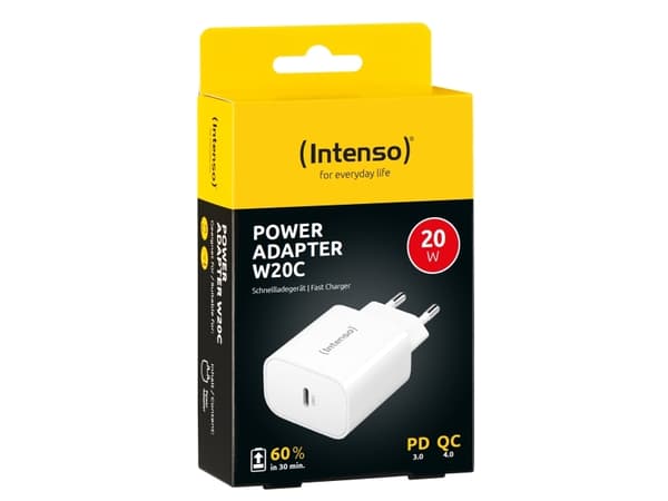 Intenso W20C - Strömadapter - 20 Watt - 3 A - PD 3.0, QC 4.0, PD/PPS (24 pin USB-C) - vit