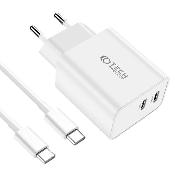 Tech-Protect 2-Port Nätverk Laddare Med USB-C Kabel - Vit
