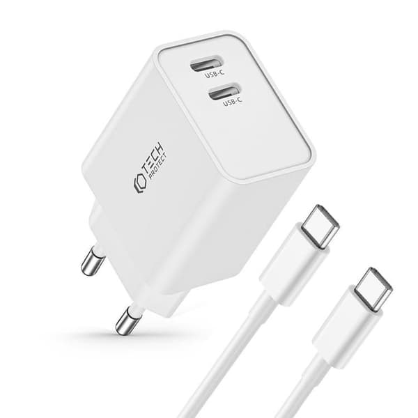 Tech-Protect 2-Port Nätverk Laddare Med USB-C Kabel - Vit