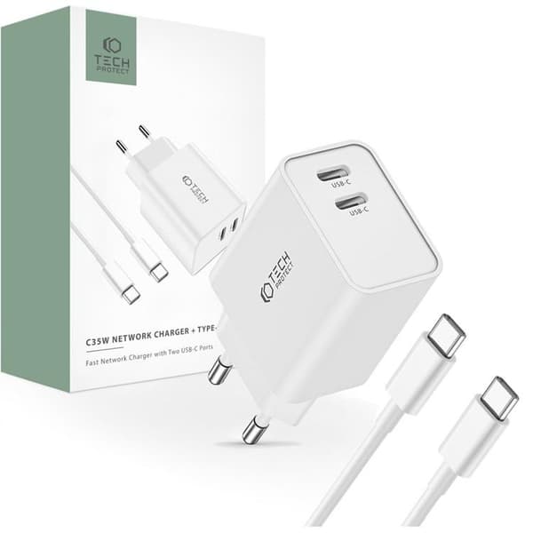 Tech-Protect 2-Port Nätverk Laddare Med USB-C Kabel - Vit