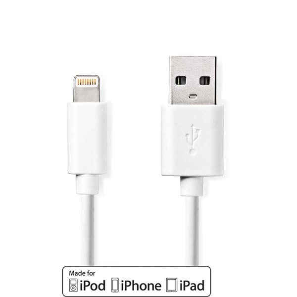 Nedis Lightning Kabel | USB 2.0 | Apple Lightning 8-Pinners | USB-A Han | 480 Mbps | Nikkel belagt | 2.00 m | Rund | PVC | Hvit | Label