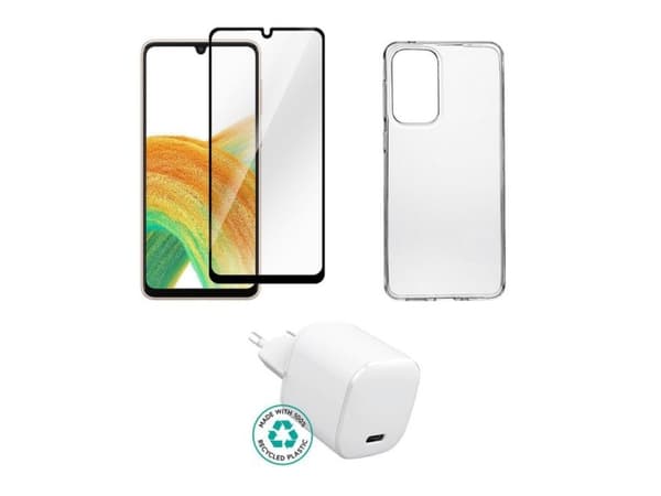 eSTUFF - Tillbehörssats för mobiltelefon - charger, cover, glass - för Samsung Galaxy A33 5G Transparent, Vit